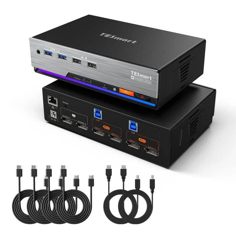 DP 1.4 Dual 8K@60Hz 4K@144Hz KVM-Switch für 2 PCs & 2 Monitore, mit Multi-PC-Steuerung, Drag & Drop Dateifreigabe, USB 3.2 Gen1 & integriertem Gigabit-Netzwerk