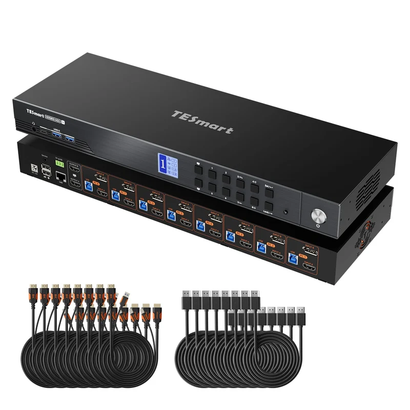 HDMI 2.1 & DP 1.4 Dual 8K60Hz KVM-Switch für 8 PCs & 2 Monitore, mit ADI-Chip, EDID, VRR, FVA, ALLM und Dynamic HDR