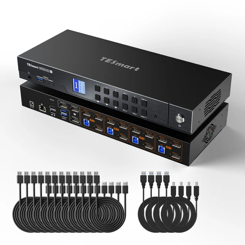 DP-1.4-Triple-8K@60Hz-KVM-Switch-Hub für 4 PCs & 3 Monitore, mit EDID-Emulation, Audio-/USB-Fokus-Sperre & Multi-Switching.